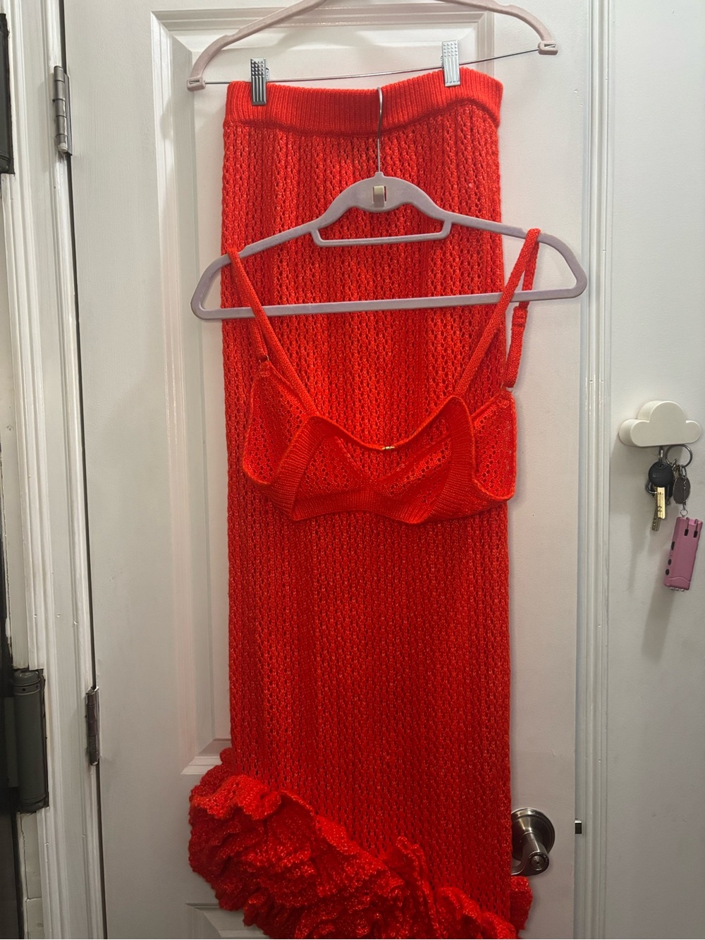 Hanifa Reddish Orange Knit Pencil Skirt with Ruffle Hem - Picture 4 of 8